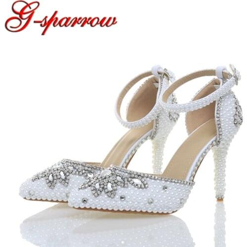 2018 Newest Handmake White Pearl Rhinestone 4 Inches Pointed Toe Delicate Bridal Wedding Shoes Party Prom Banquet High Heels