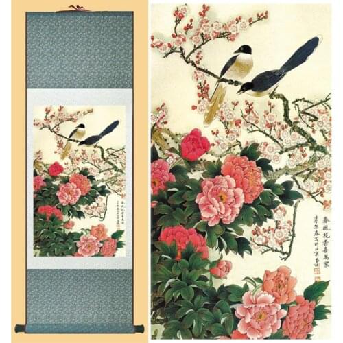 Paeonia suffruticosa and Common Magpie Art Painting Home Office Decoration Chinese painting Mandarin ducks playing in the water