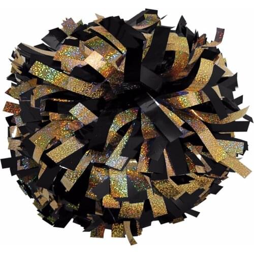 Cheerleader Pom poms 3/4"x 6" metallic black/ holographic gold unisex adult /kids custom made pom pom wholesale
