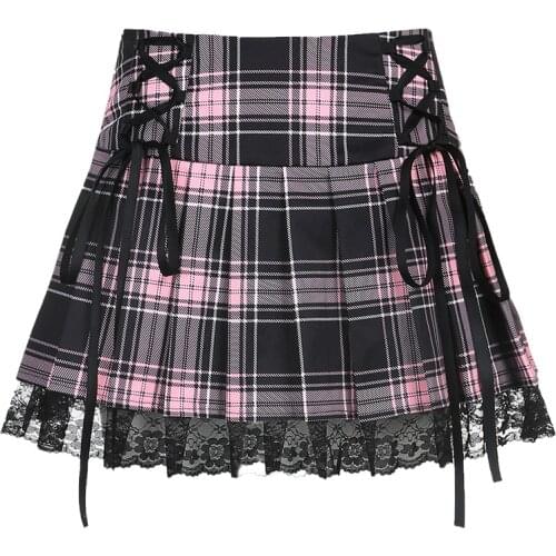 Autumn Japanese Harajuku Hot Girl Kawaii Pink Plaid Lace Bandage Skirts Streetwear Fashion Sweet Punk High Waist Mini Skirt New