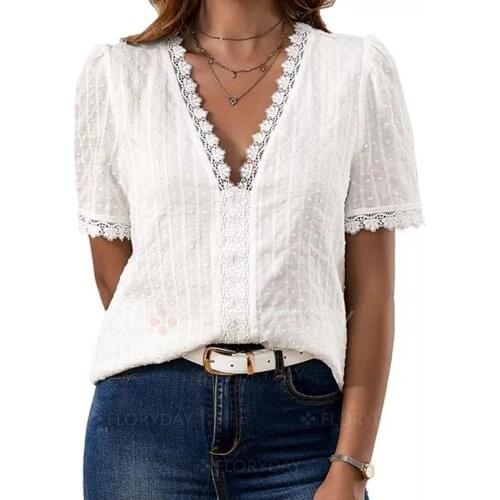 Women Loose Summer T-shirt Casual Solid Color Short Sleeve V-neck Lace Shirt Chiffon Casual Tops Tees