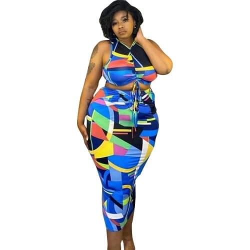 5XL Plus Size Skirts Sets Women Tank Crop Tops Drawstring Skirts Suits Summer New Geometry Print Street Style Sexy Matching Set