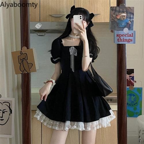 2021 Japanese Harajuku Summer Women Black Mini Dress Square Collar Ribbon Gothic Dress Cute Kawaii Ruffles Lolita Party Dress