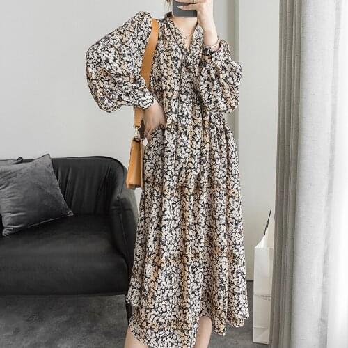 New arrival fashion spring midi beach dress women OL elegant temperament print lantern sleeve vintage holiday boho chiffon dress