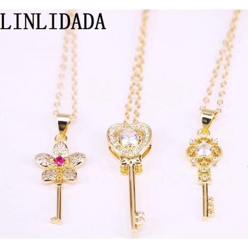10Pcs Fashion Jewelry Micro Pave CZ Zirconia Key Shaped Pendant Necklace Womens Gold Color For Wedding Party Gifts