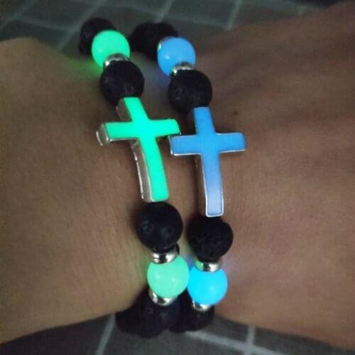 2019 Glow in the Dark Natural Stone Bead Women Bracelet Alloy Cross Men Bracelet Bangle Statement Luminous Jewelry Gift