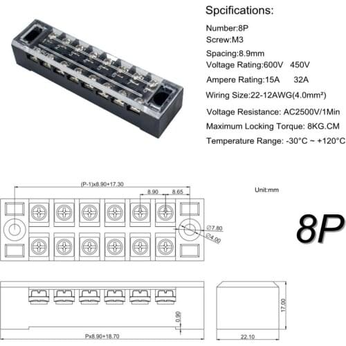 5Pcs Dual Row 8P Screw Barrier Terminal Block with Fork Terminal Barrier Strips