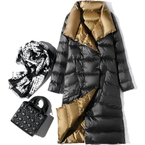 Reversible Knee Length Puffer Jacket Women Winter Ultra Light Duck Down Padded Overcoats For Lady Fashion 2 in 1 Parkas JK-924