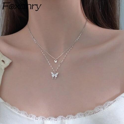 Foxanry 925 Sterling Silver Necklace for Women New Trend Elegant Double Layer Zircon Butterfly Bride Jewelry Sweet Accessories