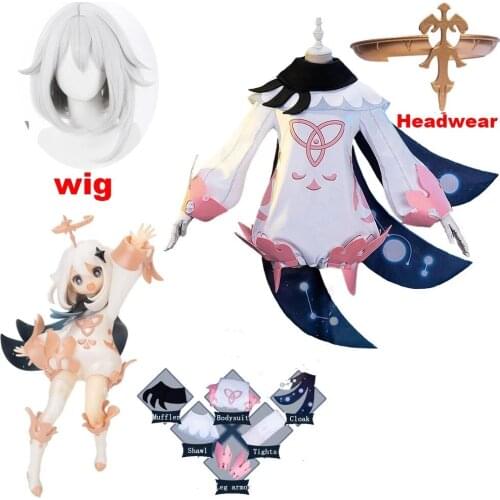 Genshin Impact Paimon Cosplay Lolita Jumpsuits Outfit Adult Women One-Piece Costume Uniform Party Halloween Wig Shoes