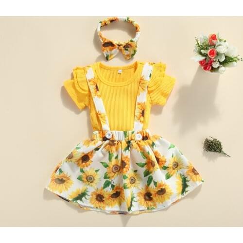 Baby Girl’s Skirt Two Pieces Suit Fresh Solid Color Short Sleeve Tops and Flower Suspender Skirt