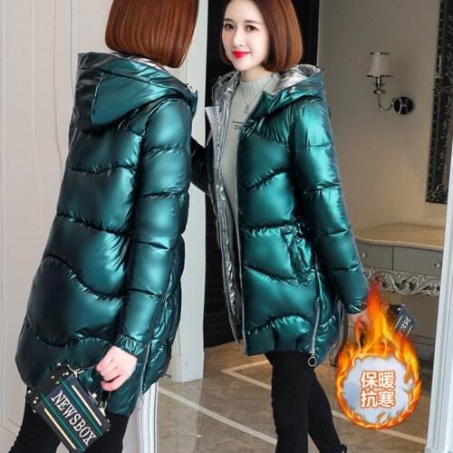 2021 Women Shiny Down Cotton Jacket Winter Jackets Warm Mid Long Cotton Padded Casual Hooded Parkas Overcoat Female Basic Coat