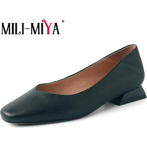 MILI-MIYA Retro Square Toe Low Heel Pumps Women Summer Spring Genuine Leather Shallow Office Work Wild Shoes Plus Size 34-43