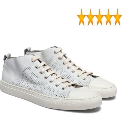 Genuine New Arrival Vintage Mens Leather Flat Shoes Casual Summer Washed Breathable Trainers Men Street Lace Up White Sneakers