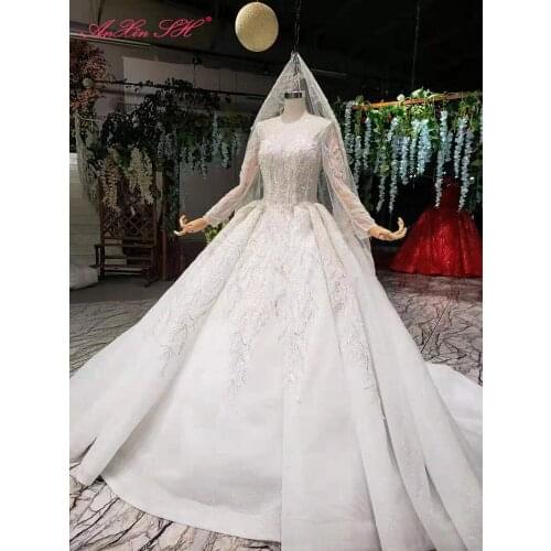 AnXin SH Luxury princess o neck beading crystal illusion long sleeve white lace bride ball gown wedding dress 100% real photo