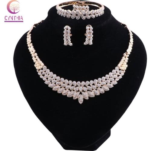 Luxury Full Crystal Leaf Jewelry Set Gold Color Dubai Wedding Jewelry Sets for Brides Womens Costume Jewelry