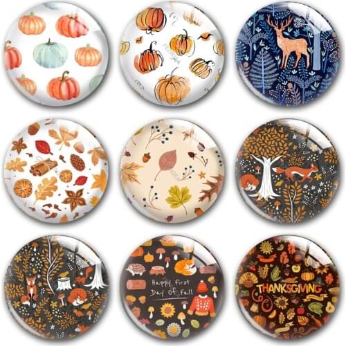 Handmade Thanks Giving Day Autumn Pumpkin Leaf Round Photo Glass Cabochons Demo Flat Back DIY Jewlery Making Findings Accessory