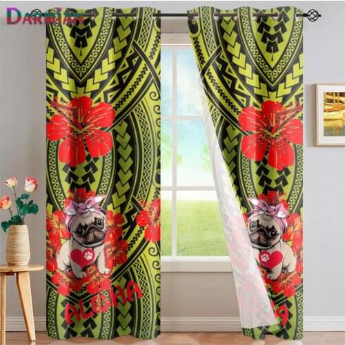 DARMIAN Polynesian Hibiscus and Cute 3D Pug Dog Design Blackout Curtains Home Decoration Window Curtain for Living Room Bedroom