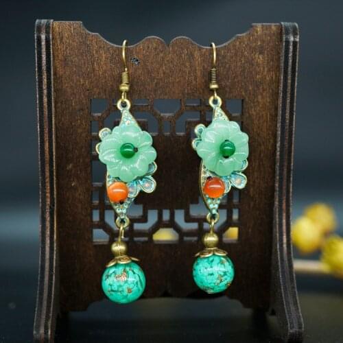 Handmade nature stones vintage dangle bohemian stone earrings green ,New jewelry Chinese ethnic turuoise earrings yellow