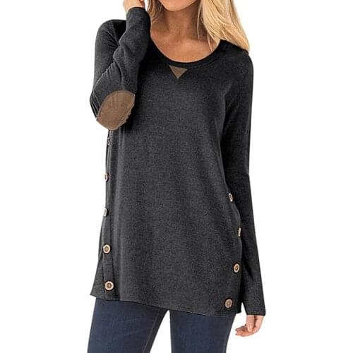 2019 Hot Sale New Spring Autumn Women T-shirt Women Casual Loose Long Sleeve Button Elbow Patch T-shirt Fashion Solid T-shirt