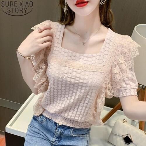 Summer New Lace Blouse Women Shirt Hollow Out Sweet Square Collar Fashion Ruffles Short Sleeve Shirt Female Women Tops 15017