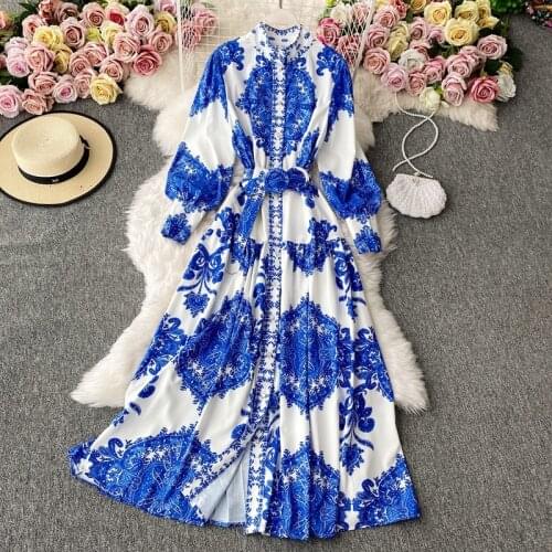 Womens spring summer runway fashion vintage print long dress female long sleeve chic travel shirt beach dress TB1495