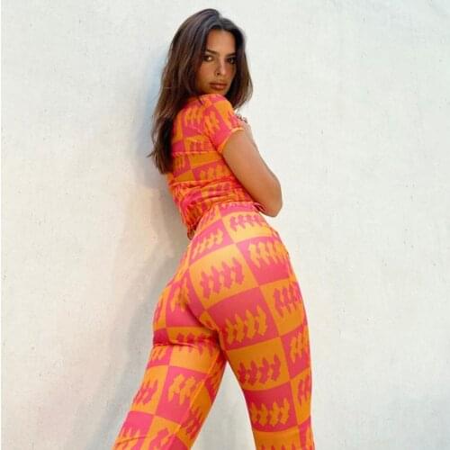 Summer Print Y2K Short Sleeve Crop Top Mesh And Pant See Through Women Set Beach Sexy Two Piece Set Green Party Outfit 2021 New