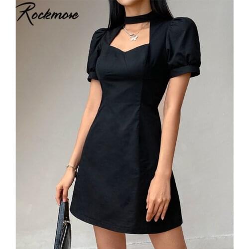 Rockmore Sexy Halter Hollow Out Mini Dress Women Square Collar Short Sleeve Dresses Elegant Evening Party Dress Vintage Summer