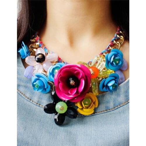 Women Necklace Mixed Style Chain Crystal Colorful Flower Luxury Weave Necklace Rhinestone Choker