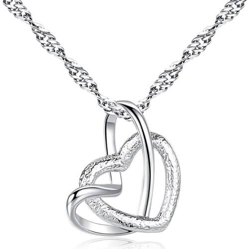 Double Heart Lock Shape Hanging Pendant Necklace Water Wave Chain Silver Color Necklaces for Women