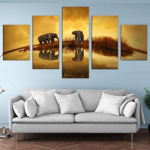 HD Prints Home Decoration 5 Piece Painting Elephant Landscape Poster Wall Art Canvas Modular Framework Pictures For Living Room