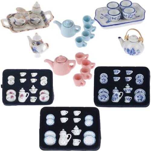 6/8/15Pcs Dollhouse Miniature Dining Ware Porcelain Tea Set Dish Cup Plate -White Purple Flower Pattern