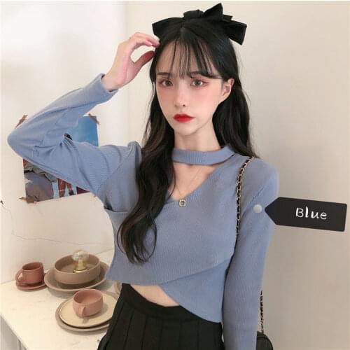 White Pullover Casual Fashion Short Harajuku Tops Hanging Neck Cross-neck Slim Long-sleeved Female Top Crop Ladies Sexy T-shirt