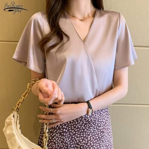 Light Blue Blouse Women Loose Tops Solid Pullover Office Lady Clothes Summer 2021 New V-neck Short Sleeve Blouses Blusas 14351