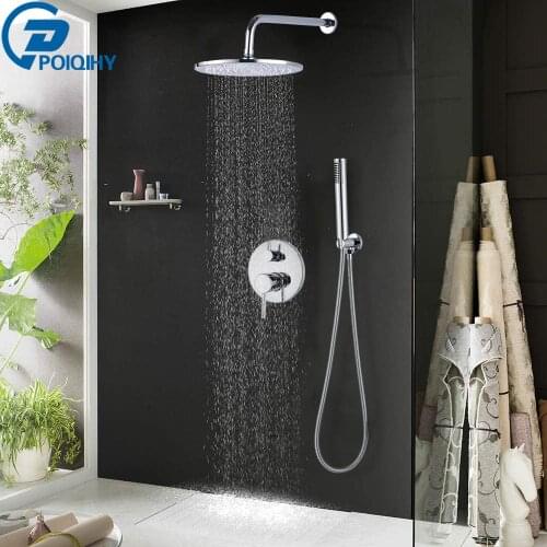 POIQIHY Chrome Shower Faucet Bathroom Shower Mixer Taps Bath Mixer Faucet Set Rainfall Shower Set Rain Brass Shower Head System