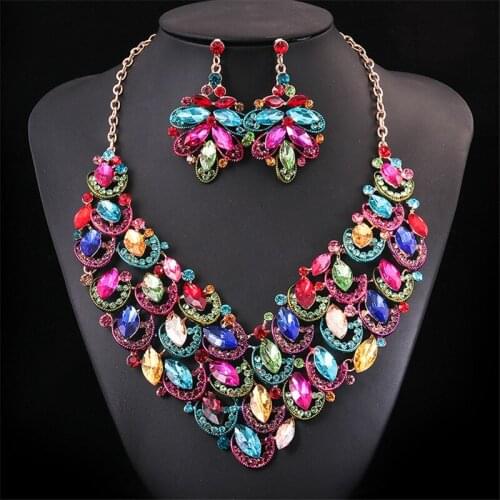 Luxurious Big Crystal Statement Necklace Earrings Set Gold Color Jewelry Sets Indian Bridal Wedding Jewellery Women Accessories