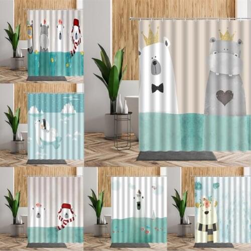 Cute Bear Shower Curtain Set Blue Sea Cartoon Hippo Flower Printed Bathroom Decor Accessories Kid Bath Curtains Waterproof Cloth