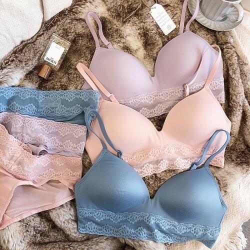 6 colors wire free women sleepwear underwear sets summer lace bra and panty set one-piece ladies Japanese pure color lingerie