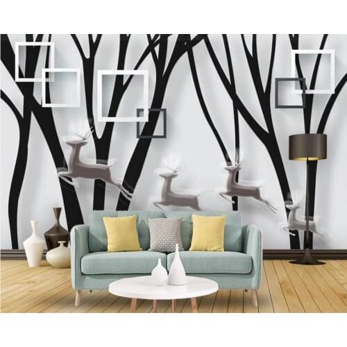 Beautiful scenery wallpapers Modern minimalist black and white woods fawn TV background wall