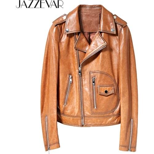 JAZZEVAR 2021 New High Fashion Street Women Real Sheep Skin Leather Jacket Oil wax Genuine Leather Slim fit Motorcycle Jackets