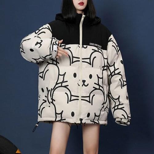 Cartoons Printed Cotton Padded Jacket Zip Coats Jackets 2021 Winter Women Warm Thicken Outwear Loose Women Parka Coat