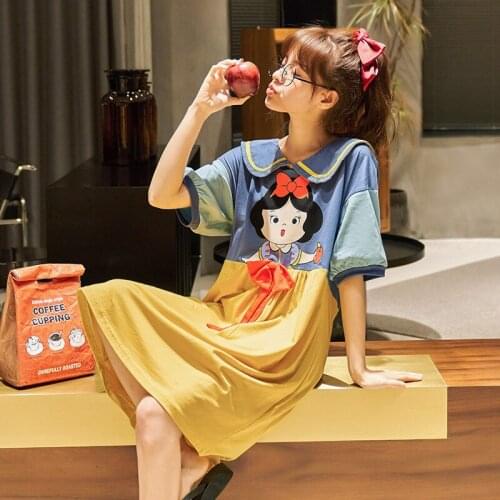 Summer Pajamas Womens Thin Cotton Short Sleeve Loose Cartoon Girl Princess Nightgowns Set
