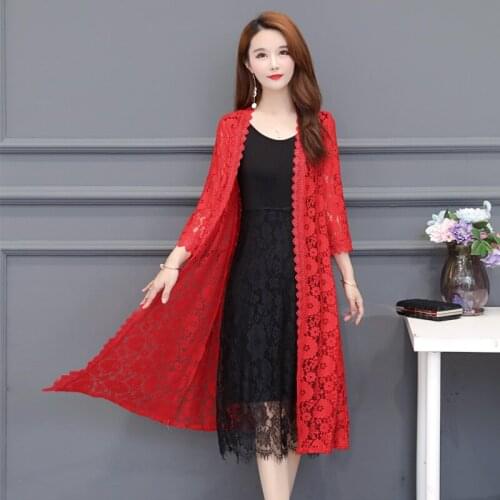 Plus Size S-5XL new Summer Womens Lace Jacket Korean Womens Mid-length Sunscreen Cardigan Thin Hollow Jacket
