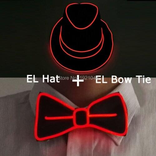 New Arrival Men Bow Tie + EL Glowing Hat Creatively EL Light Up Product Set Flashing Bow Tie + Glowing Hat Glow Party Decor