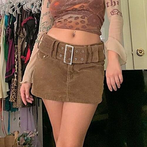 Solid Low Rise Corduroy Skirts Vintage with Belt A-Line Skirts Fall Fashion Short Bottoms