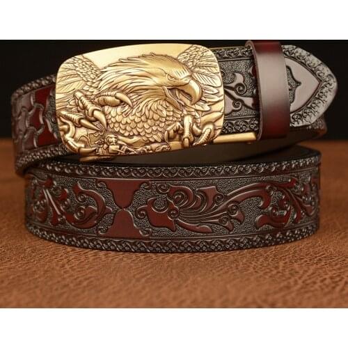 Eagle Buckle Cowskin Leather Belt Quality Alloy Automatic Buckle Wasitbad Strap Genuine Leather Gift Bussiness BeltBelt Men