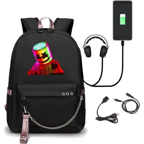 DJ Marshmello USB Backpack Unisex Travel Laptop Teenagers Cartoon Schoolbags students school Mochilas For Boys Girls