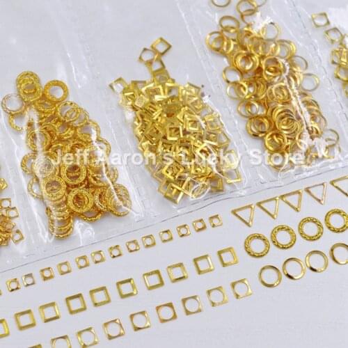 Mixed 6 styles gold hollow square triangle circle metal nail art decoration studs frame nails accessoires supplies tool