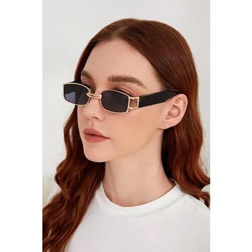 Hane14 Dream On Gold Metal Framed Rectangular Sunglasses Black