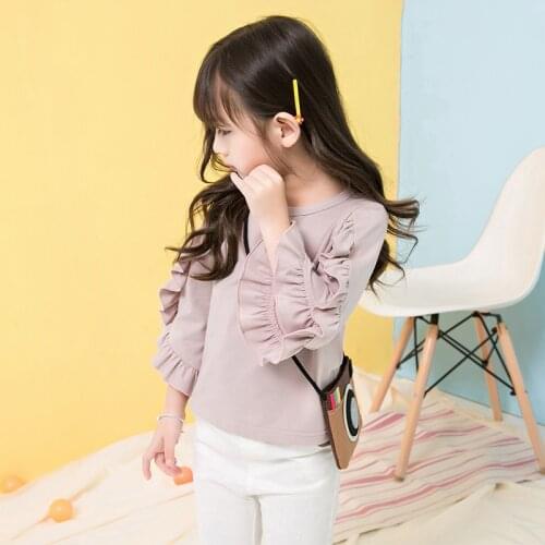 Girls Tops Pink Purple Trumpet Long Sleeve T-Shirt Fungus Flower Sleeve Sweater Spring Autumn Childrens Clothing Bottom Shirt